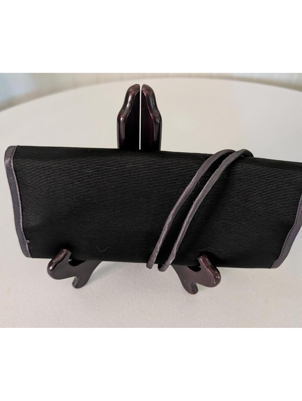 Vintage Jewelry Roll Up Ribbed Black Satin  Organizer Pouch Tie Closure